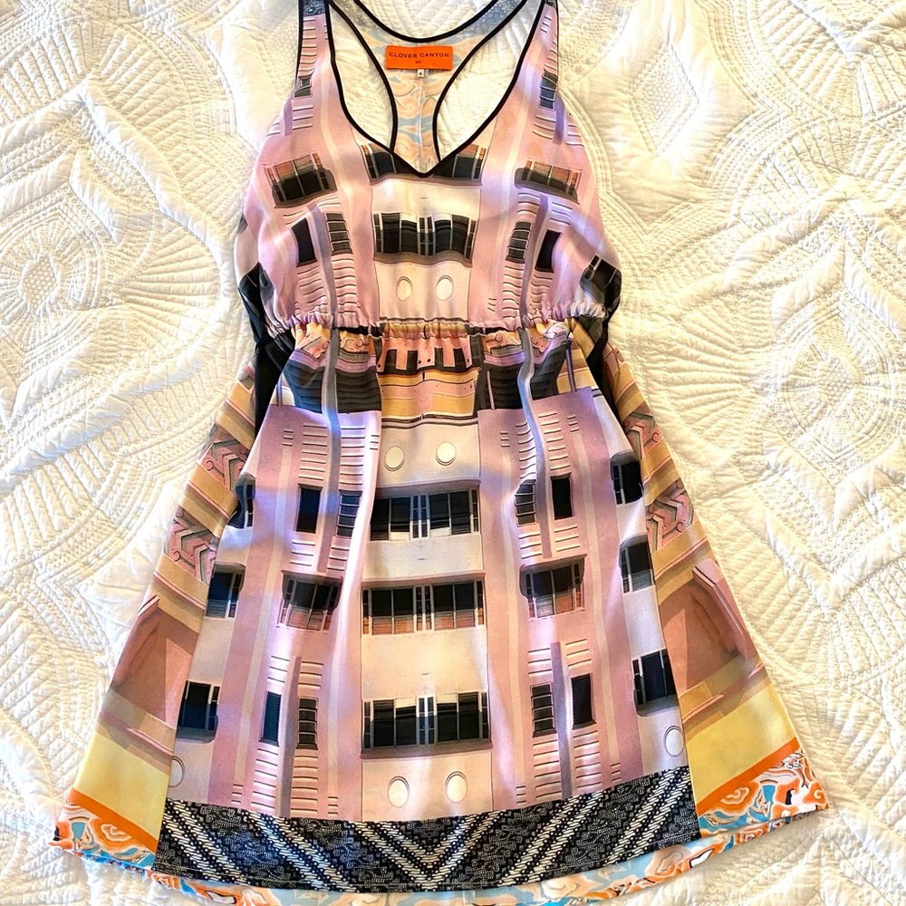 Clover Canyon Miami Art Deco Lightweight Dress - T-back, Pockets, Gathered Waist